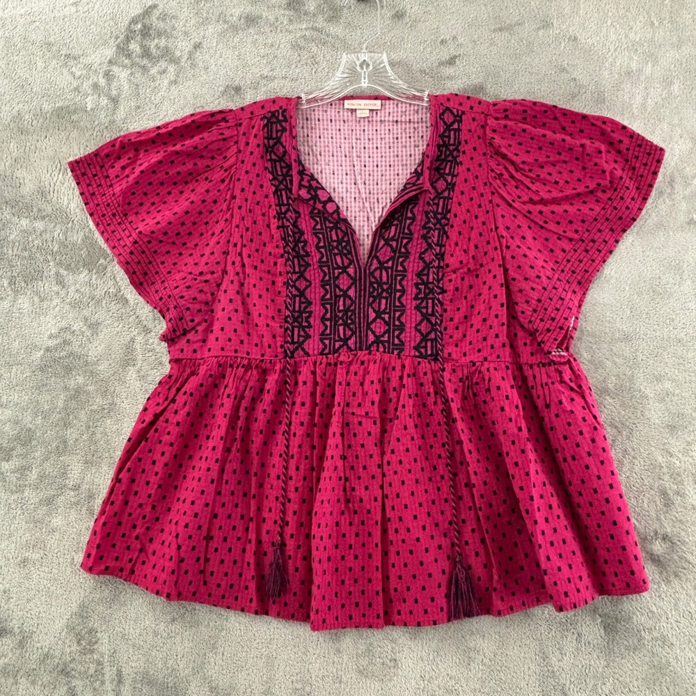 Knox Rose Boho Embroidered Peplum Top Womens L Pink Black V-Neck Flutter Sleeve